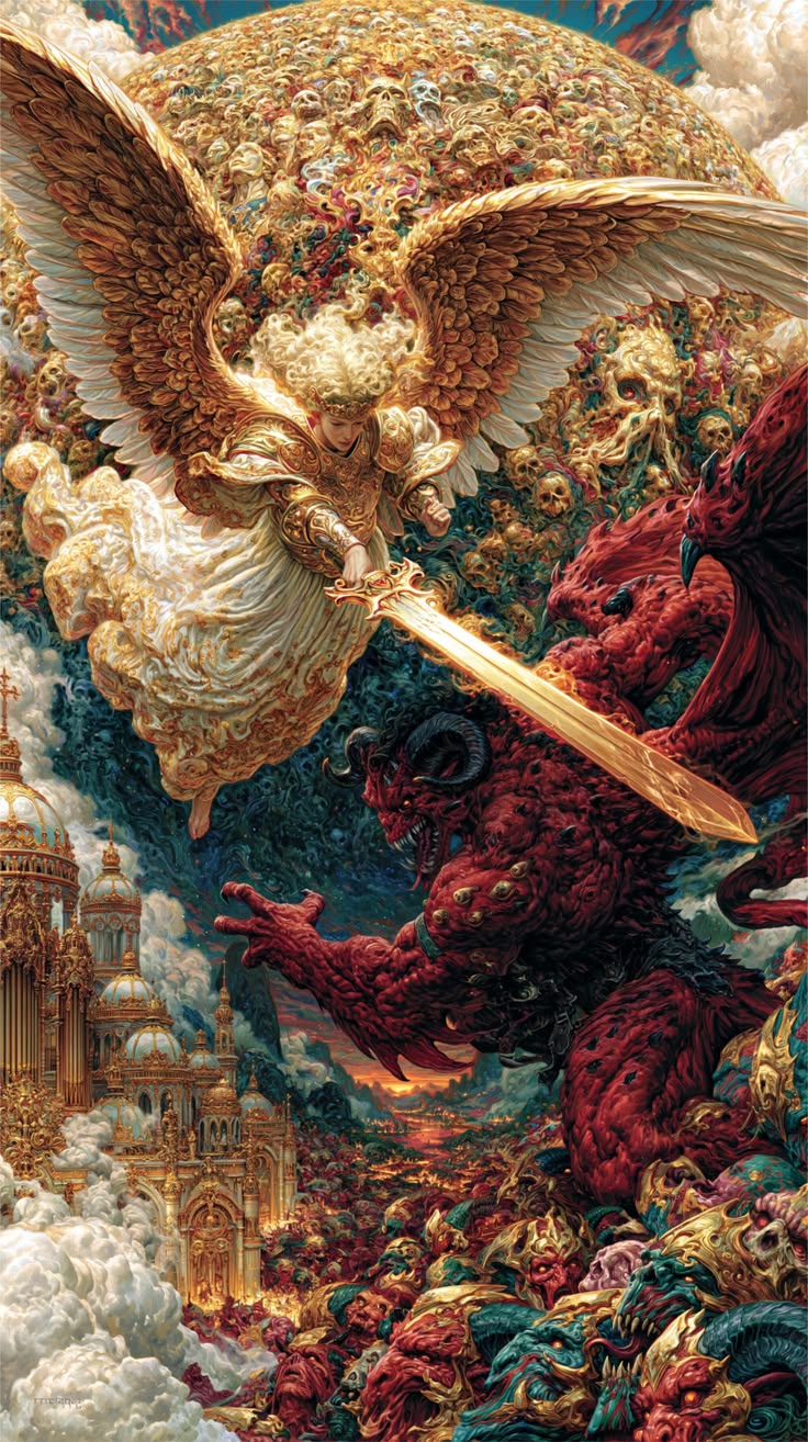 Golden angel striking a crimson beast with a blazing sword