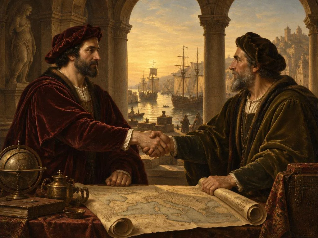 Two merchants shaking hands over a map beside a harbour