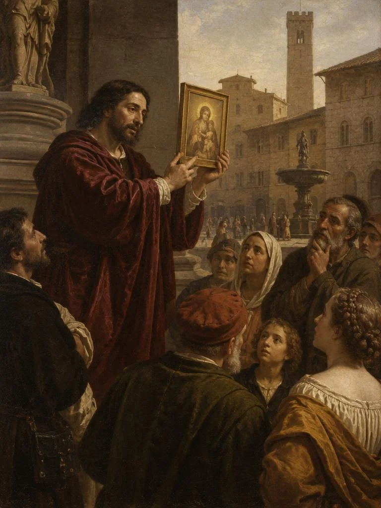 Storyteller showing a small painted panel to a crowd in a piazza