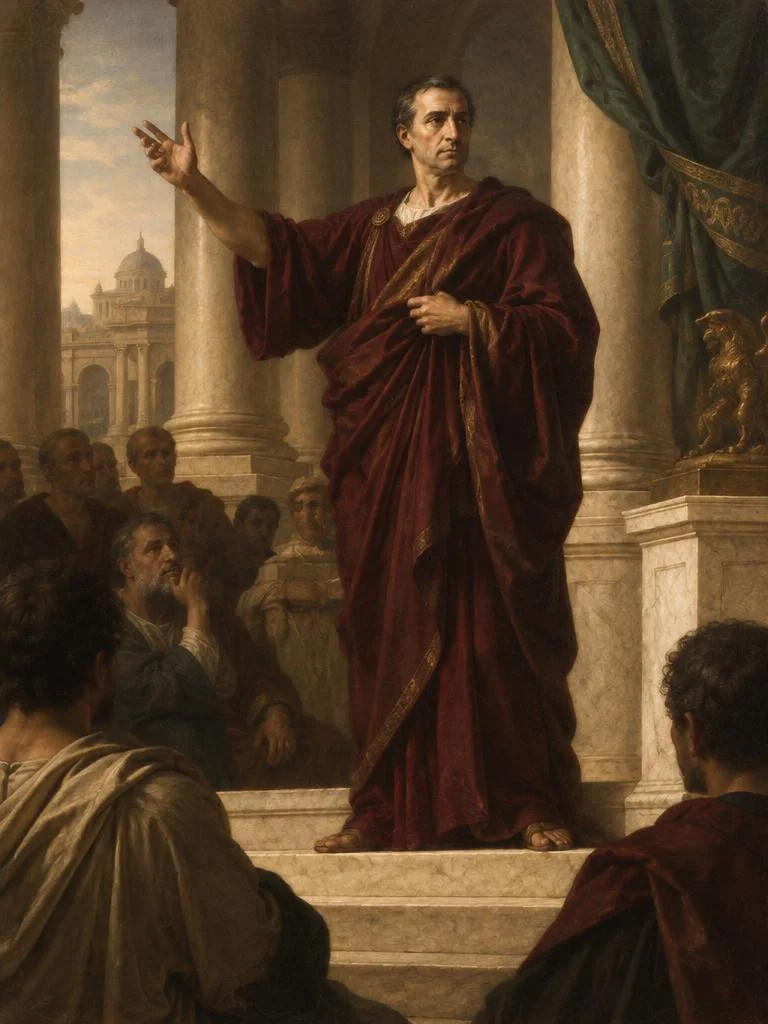 Orator in burgundy robes addressing listeners from marble steps