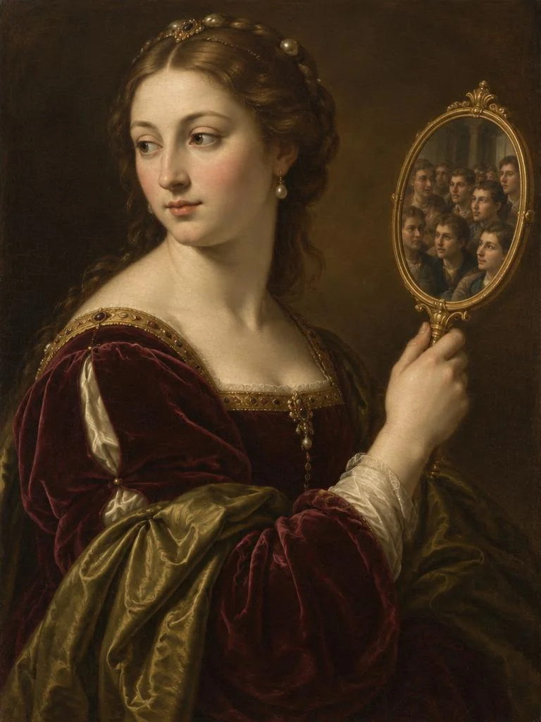 Noblewoman with a mirror reflecting an admiring crowd