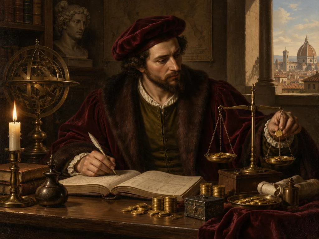 Merchant weighing gold beside ledgers and an armillary sphere