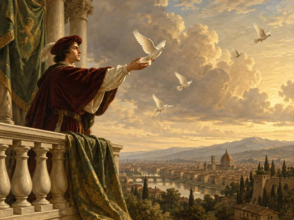 Herald releasing doves from a marble balcony