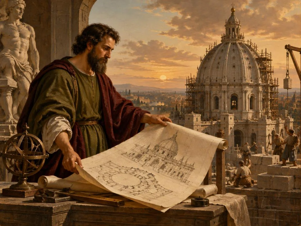 Architect unrolling plans before a domed basilica under construction