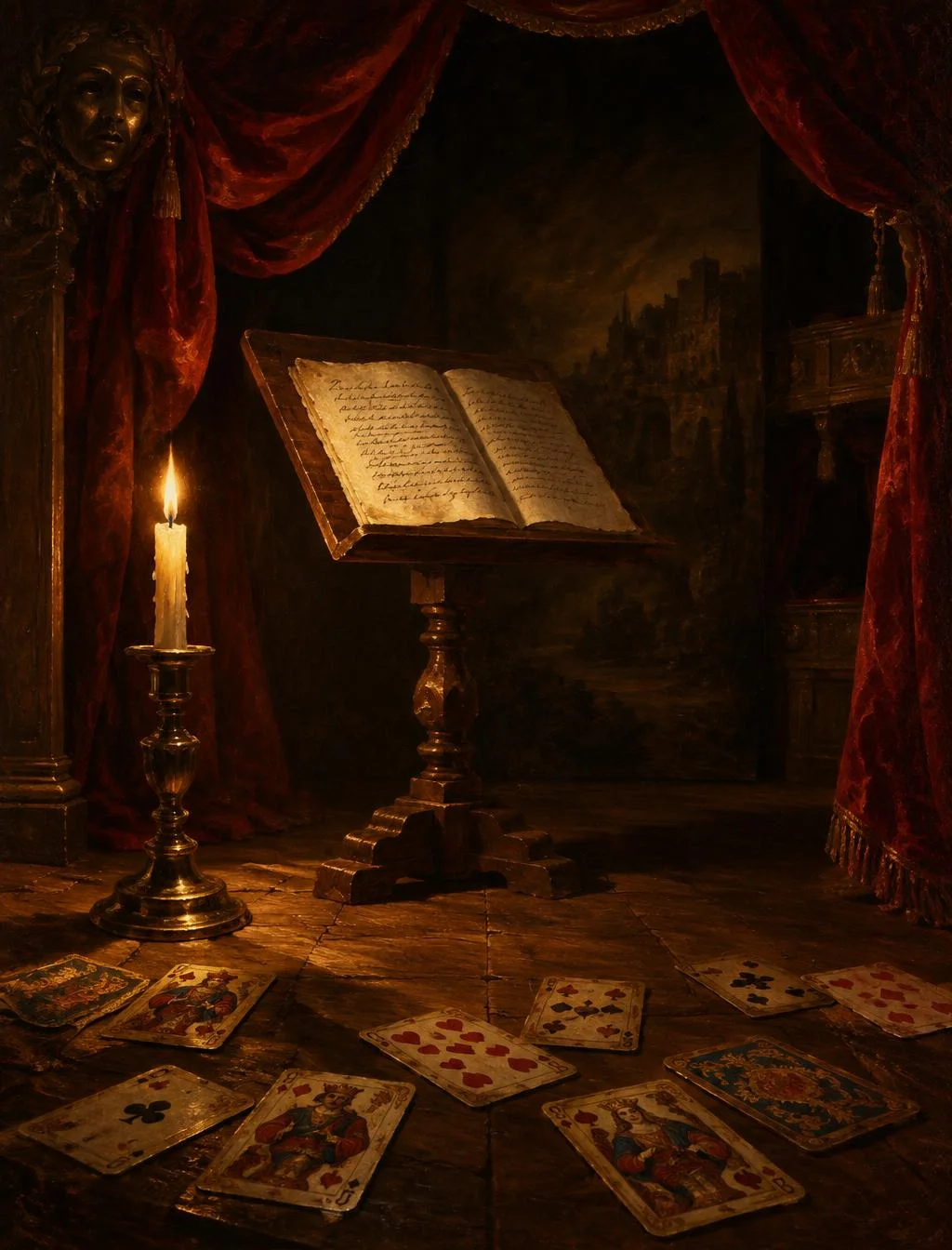 Candle-lit theatre stage with velvet drapery, an open script on a lectern and playing cards scattered on the boards